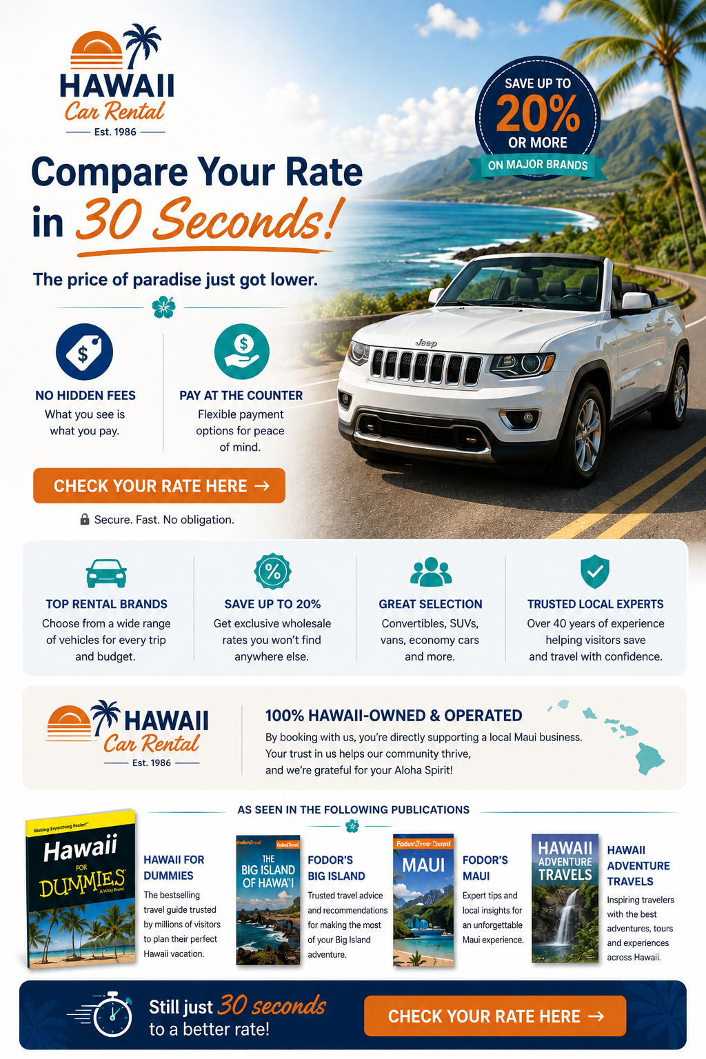 Compare Hawaii car rental rates in 30 seconds and save up to 20% or more